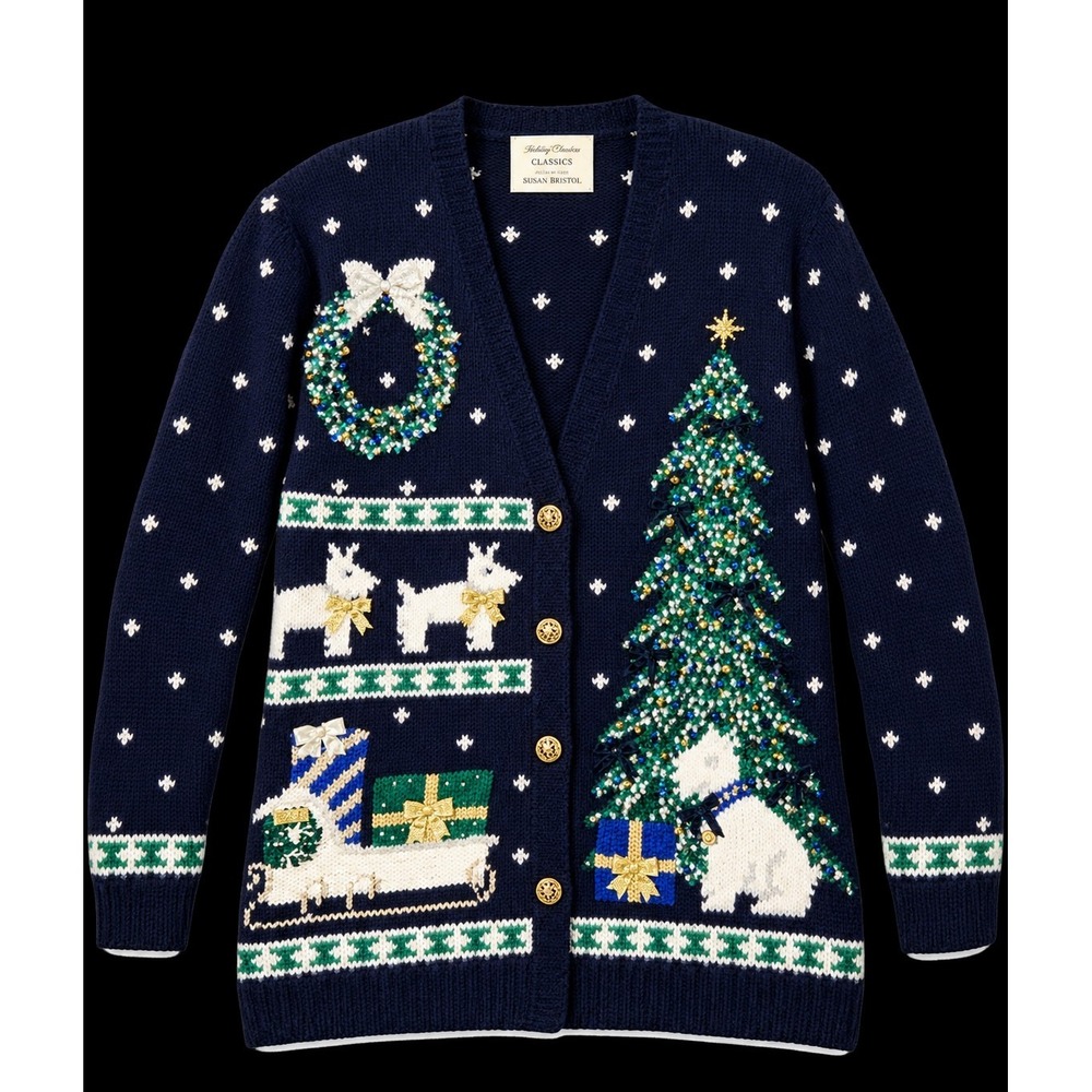 Vintage Marisa Christina Embroidered Scottie Dog Christmas Sweater Cardigan RARE